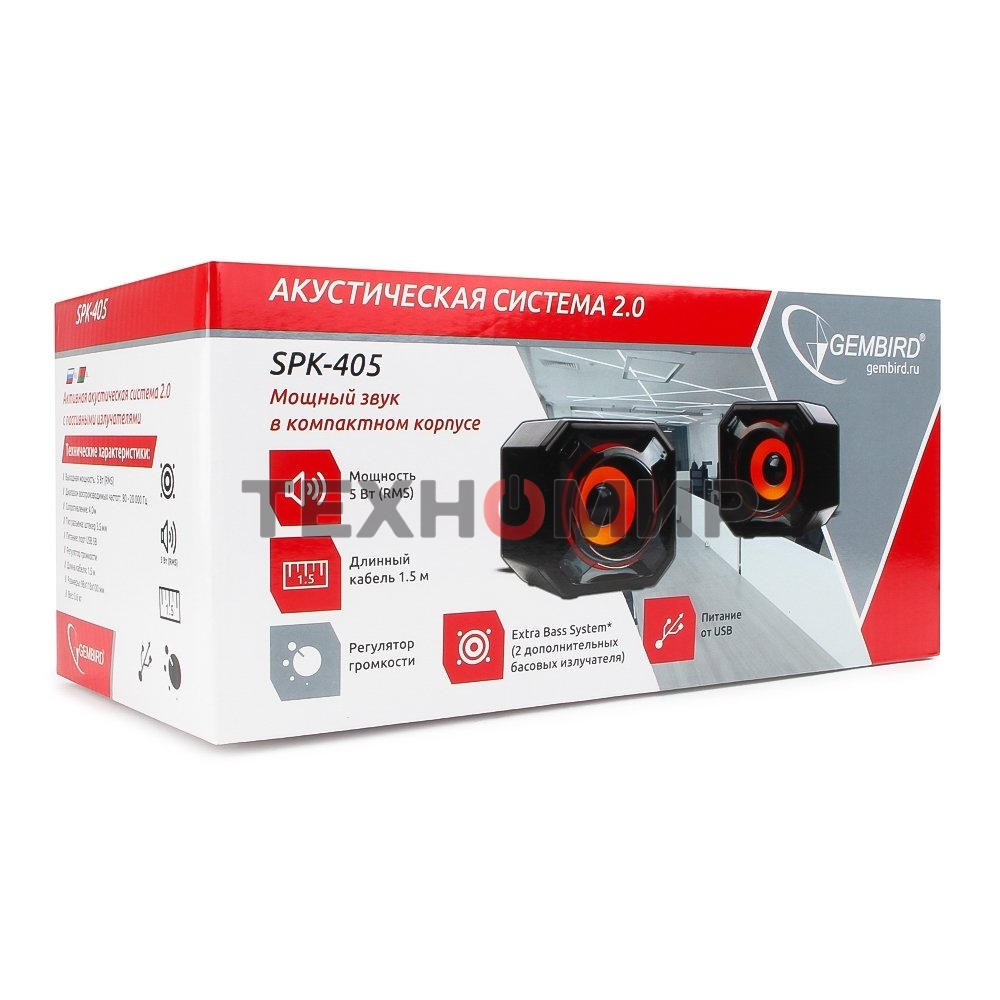 Акустическая система 2.0 Gembird SPK-405, пассив. излучатели, черный, 5 Вт, рег. громкости USB-питание