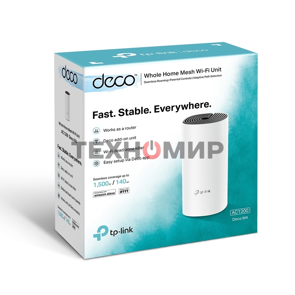 Домашняя Mesh TP-Link Wi-Fi система Deco M4 (1-Pack), 1167 Мбит/с (5 ГГц: до 867 Мбит/с + 2,4 ГГц: до 300 Мбит/с), 2 порта 1000 Мбит/с, 2 встроенные антенны на каждом модуле Deco