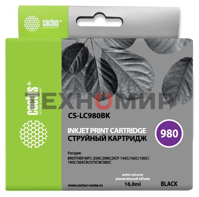 Картридж струйный Cactus CS-LC980BK черный (16 мл) для Brother DCP-145C/165C MFC-250C/290C
