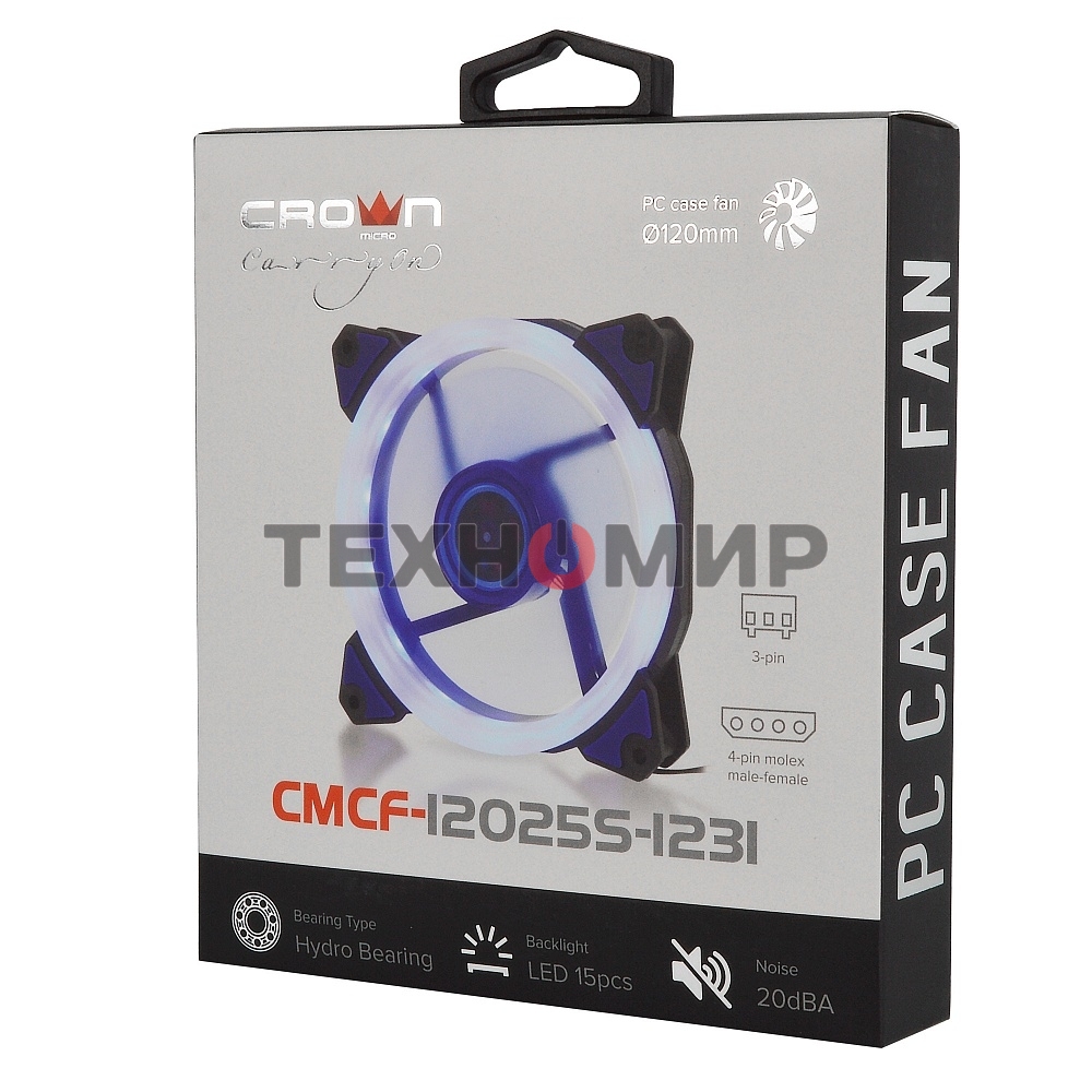 Вентилятор для корпуса Crown CMCF-12025S-1231 черный/синий, 120 мм, 1650 об/мин, 23 дБ, 3 pin