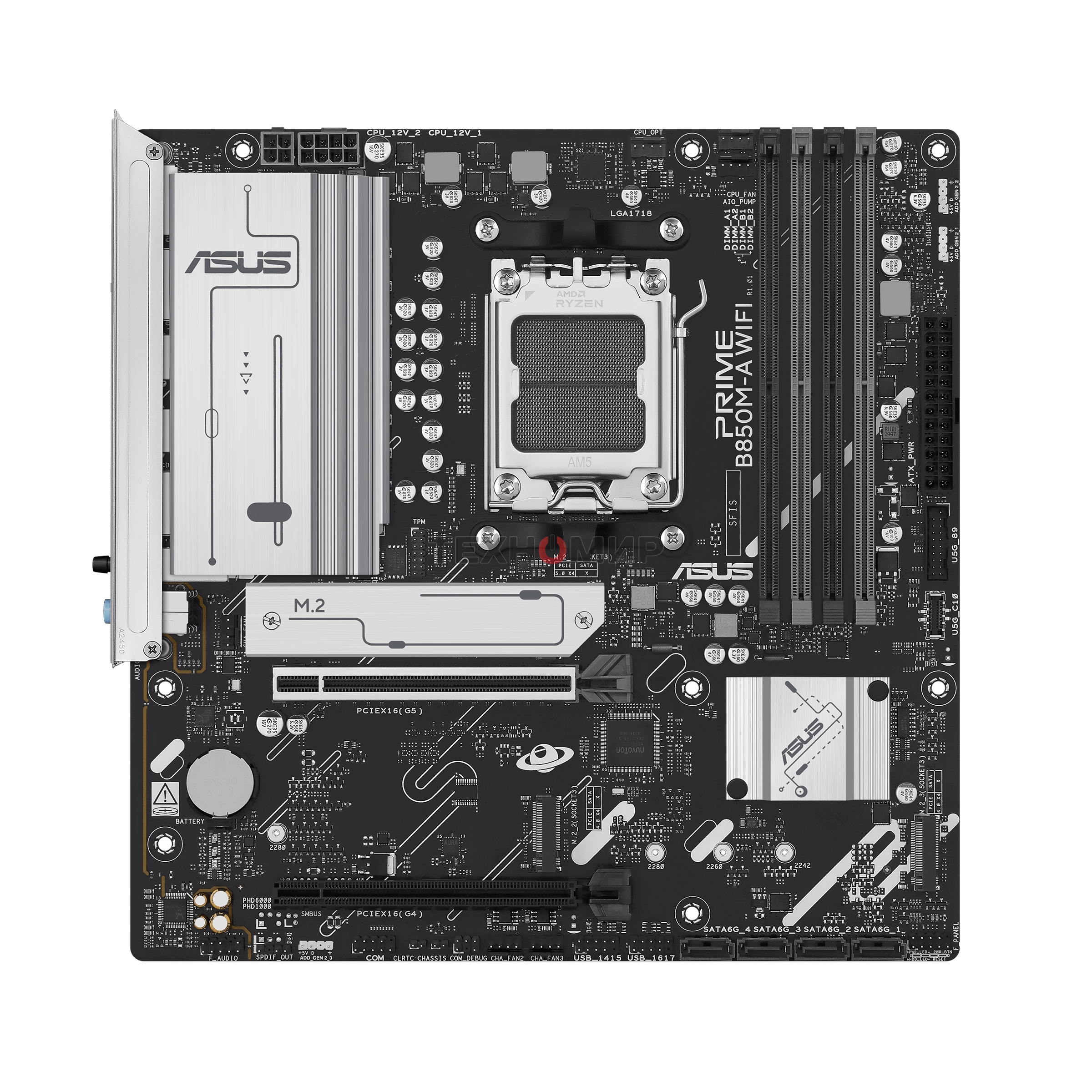 Материнская плата ASUS PRIME B850M-A WIFI, AM5, AMD B850, 4xDDR5, 4xSATA, 3xM.2, 1xPCIe 5.0 x16, 1xPCIe 4.0 x16, 1xHDMI, 2xDP, 1x2.5Gb LAN, Wi-Fi 6E, Bluetooth 5.3, 2xUSB-A 10Gbps, 2xUSB-A 5Gbps, 4xUSB-A 2.0, 3x3.5 мм, 7.1, mATX