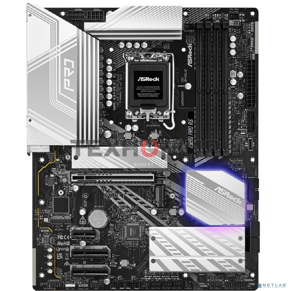 Материнская плата ASRock Z890 PRO RS, LGA1851, Intel Z890, 4xDDR5, 4xSATA, 4xM.2, 1xPCIe 5.0 x16, 2xThunderbolt 4, 1xUSB-A 3.2 Gen 2, 6xUSB-A 3.2 Gen 1, 4xUSB 2.0, 1xHDMI, 1xDP, 1x2.5Gb LAN, 3x3.5 мм, 7.1, ATX