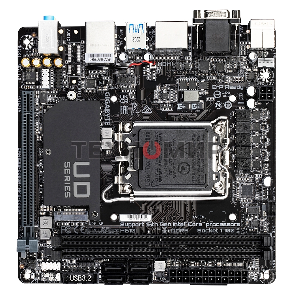 Материнская плата Gigabyte H610I, LGA 1700, Intel H610, 2xDDR5, 4xSATA, 1xM.2, 1xPCIe 4.0 x16, 1xHDMI, 1xVGA, 2xDP, 1x 1Gb LAN, 2xUSB-A 3.2 Gen 1, 4xUSB-A 2.0, 3x 3.5 мм, 7.1, Mini-ITX
