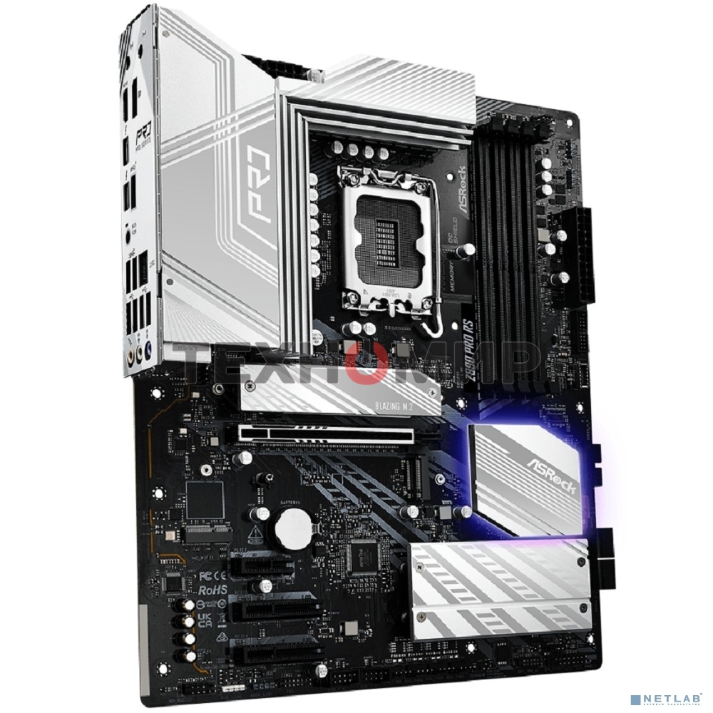 Материнская плата ASRock Z890 PRO RS, LGA1851, Intel Z890, 4xDDR5, 4xSATA, 4xM.2, 1xPCIe 5.0 x16, 2xThunderbolt 4, 1xUSB-A 3.2 Gen 2, 6xUSB-A 3.2 Gen 1, 4xUSB 2.0, 1xHDMI, 1xDP, 1x2.5Gb LAN, 3x3.5 мм, 7.1, ATX