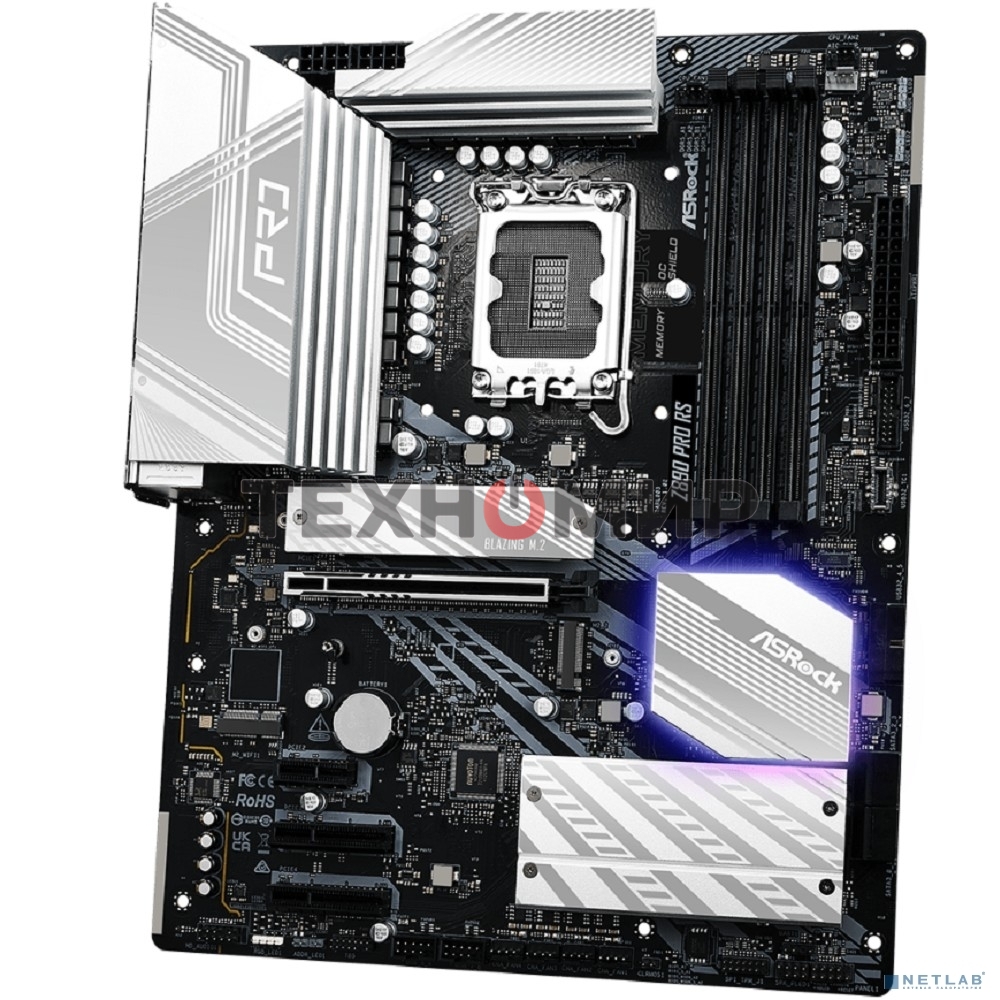 Материнская плата ASRock Z890 PRO RS, LGA1851, Intel Z890, 4xDDR5, 4xSATA, 4xM.2, 1xPCIe 5.0 x16, 2xThunderbolt 4, 1xUSB-A 3.2 Gen 2, 6xUSB-A 3.2 Gen 1, 4xUSB 2.0, 1xHDMI, 1xDP, 1x2.5Gb LAN, 3x3.5 мм, 7.1, ATX