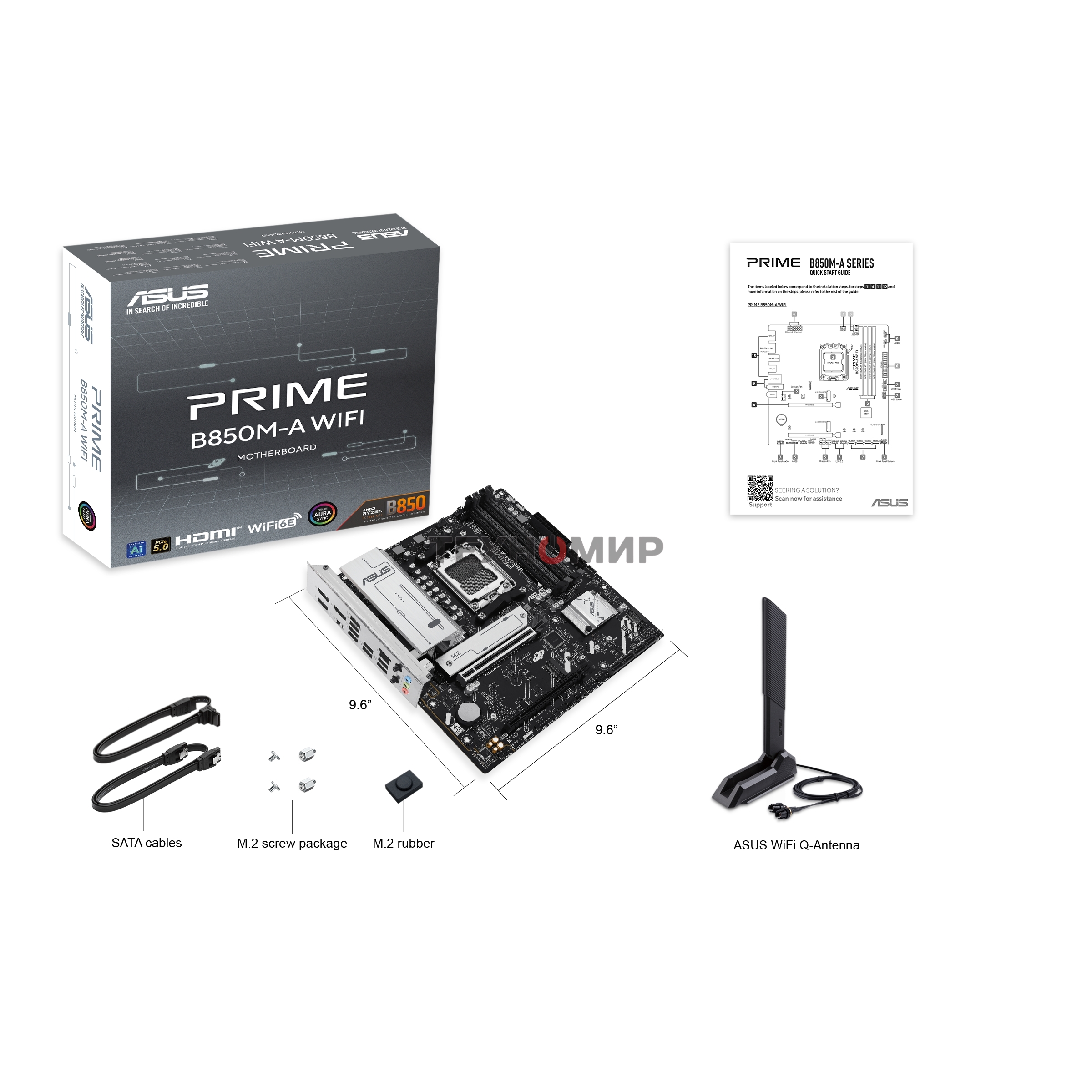 Материнская плата ASUS PRIME B850M-A WIFI, AM5, AMD B850, 4xDDR5, 4xSATA, 3xM.2, 1xPCIe 5.0 x16, 1xPCIe 4.0 x16, 1xHDMI, 2xDP, 1x2.5Gb LAN, Wi-Fi 6E, Bluetooth 5.3, 2xUSB-A 10Gbps, 2xUSB-A 5Gbps, 4xUSB-A 2.0, 3x3.5 мм, 7.1, mATX