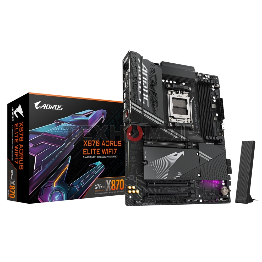 Материнская плата Gigabyte X870 AORUS ELITE WIFI7, AM5, AMD X870, 4xDDR5, 4xSATA, 4xM.2, 1xPCI-E 5.0 x16, 1xPCI-E 4.0 x4, 1xPCI-E 3.0 x2, 1xHDMI, 1x 2.5Gb LAN, 4xUSB-A 3.2 Gen 1, 2xUSB-A 3.2 Gen 2, 4xUSB-A 2.0, 2xUSB-C 4.0, 2x3.5 мм, 7.1, ATX