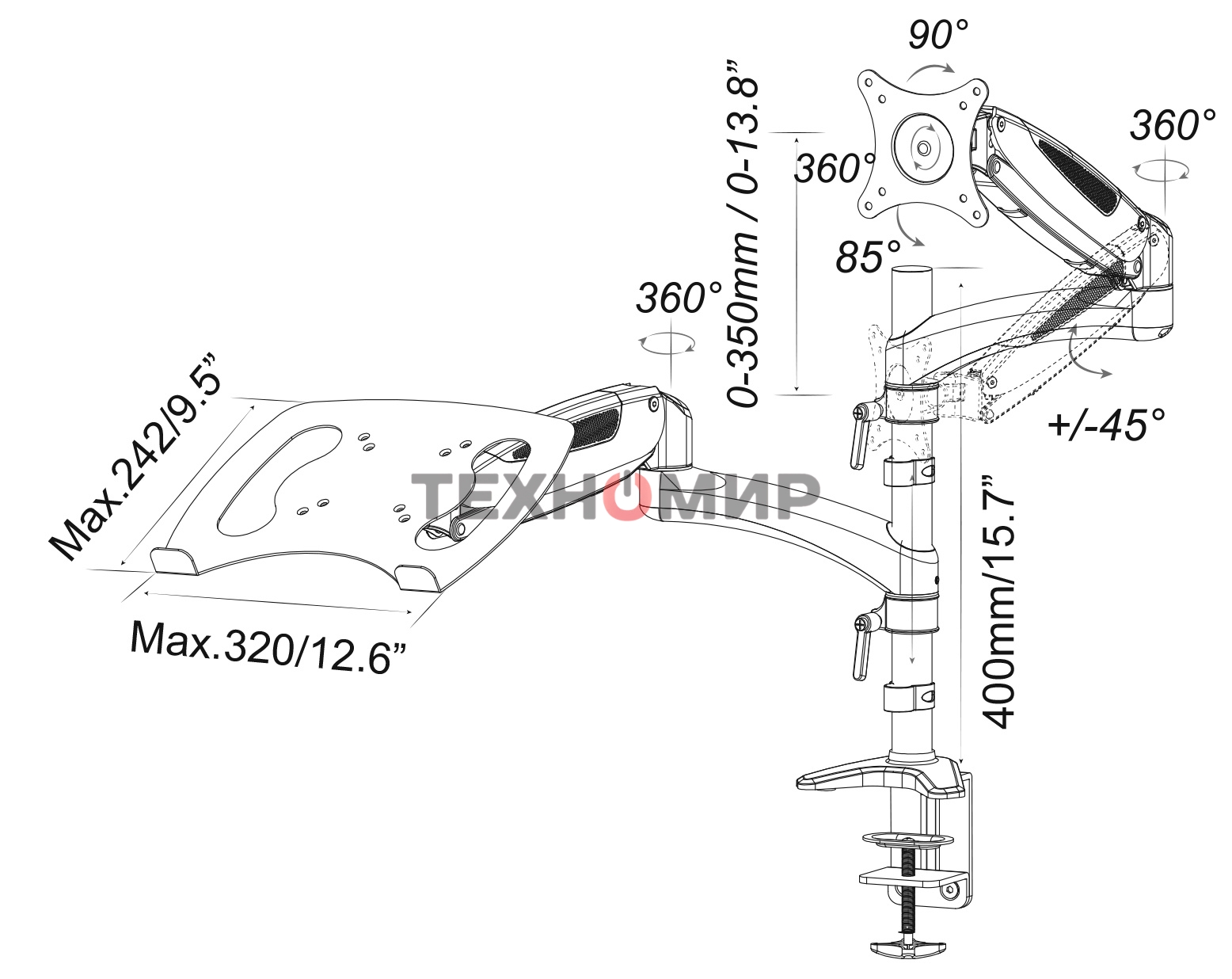 Кронштейн для монитора/ноутбука Cactus CS-VM-LH08-AL серебряный 13