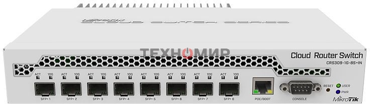Коммутатор MikroTik CRS309-1G-8S+IN 8 SFP+, dual-core 800MHz CPU, 512MB RAM, POE, RS232 serial port