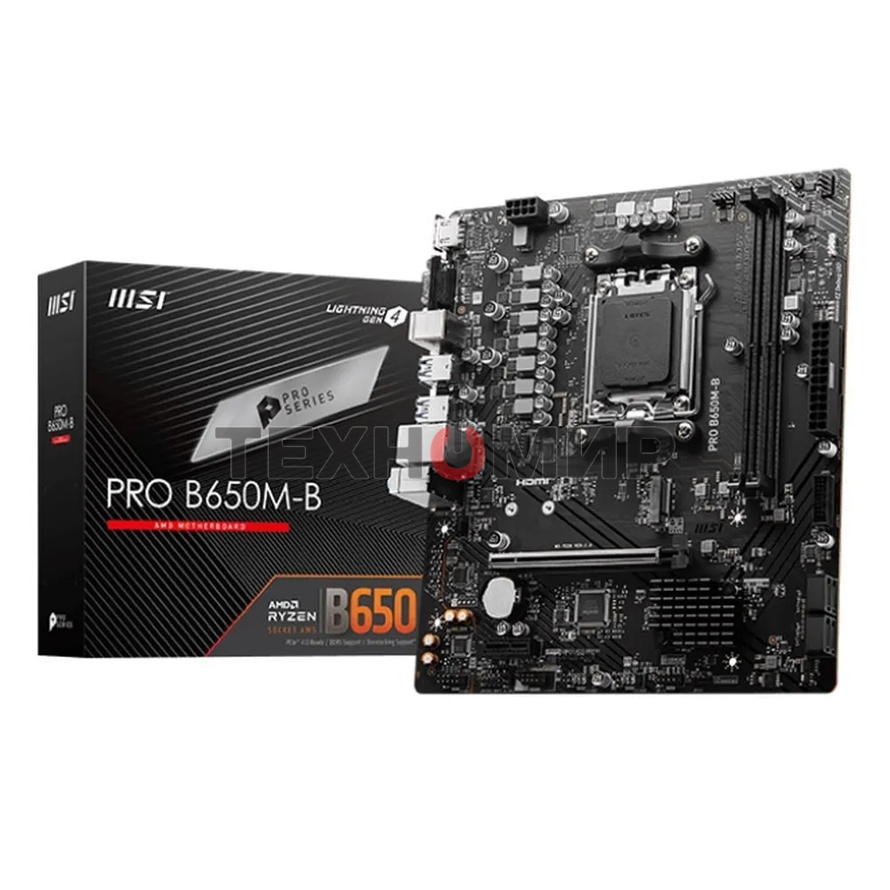 Материнская плата MSI PRO B650M-B, AM5, AMD B650, 2xDDR5, 4xSATA, 1xM.2, 1xPCI-E 4.0 x16, 1xPCI-E 4.0 x1, 1xHDMI, 1xVGA, 1x2.5Gb LAN, 2xUSB 2.0, 4xUSB 3.2 Gen 1, 3x3.5 мм, 7.1, Micro-ATX