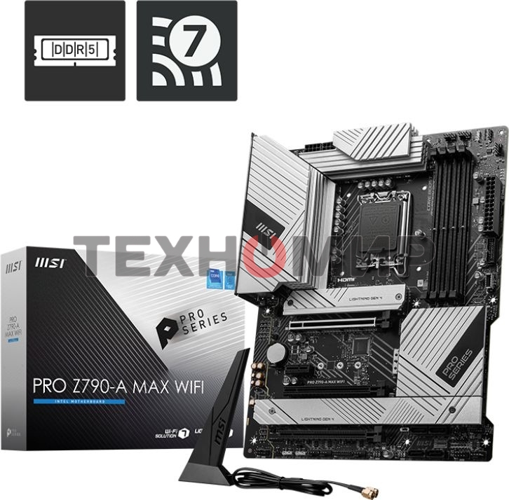 Материнская плата MSI PRO Z790-A MAX WIFI, LGA 1700, Intel Z790, 4xDDR5, 6xSATA, 4xM.2, 1xPCI-E 5.0 x16, 1xPCI-E 4.0 x16, 1xPCI-E 3.0 x16, 1xPCI-E x1, 1xHDMI, 1xDP, 1x2.5Gb LAN, 2xUSB-A 2.0, 2xUSB-A 3.2 Gen 1, 3xUSB-A 3.2 Gen 2, 1xUSB-C 3.2 Gen 2x2, 5x3.5