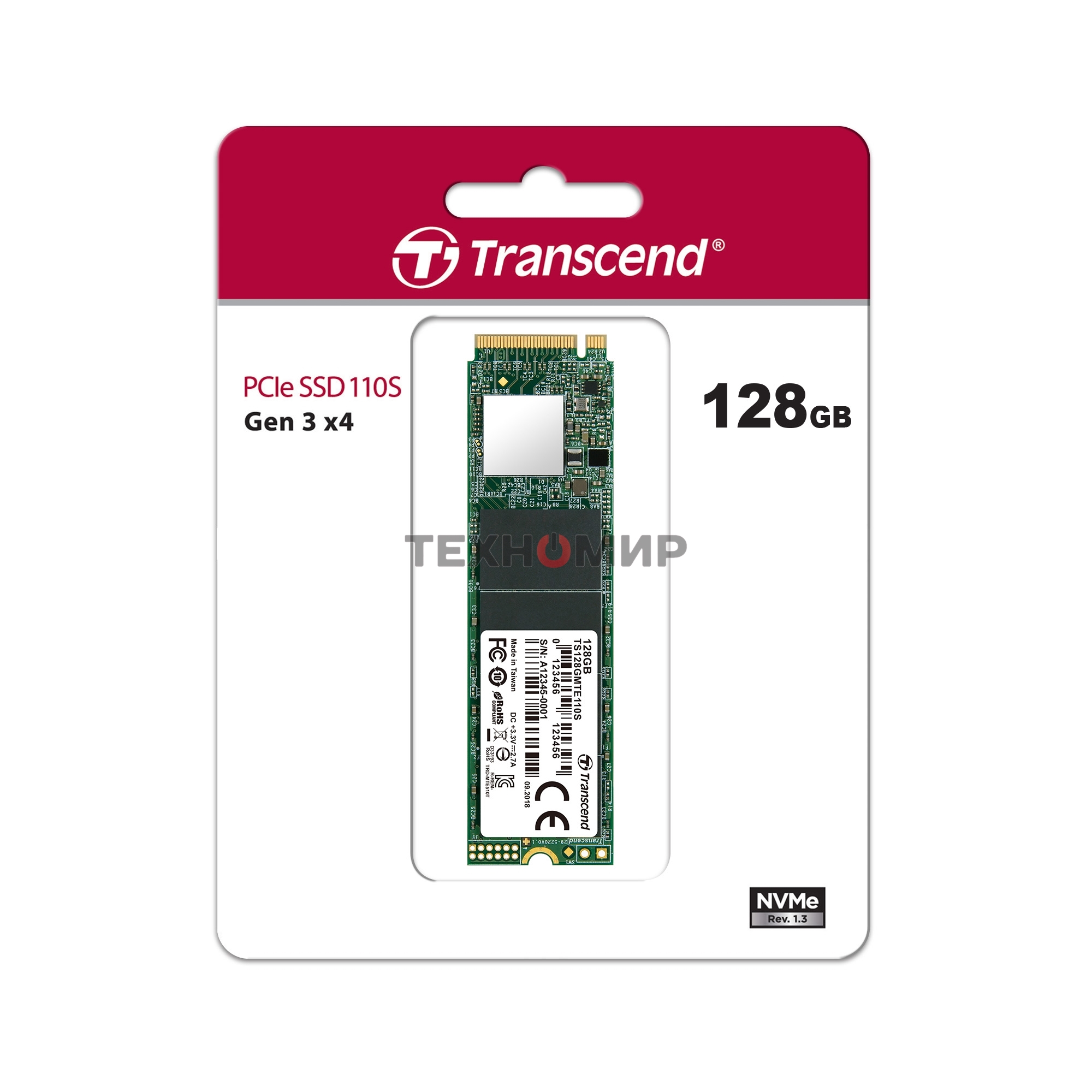 Накопитель SSD Transcend MTE110S, 128Gb, M.2 2280, PCIe 3.0 x4, NVMe, R/W 1600/400