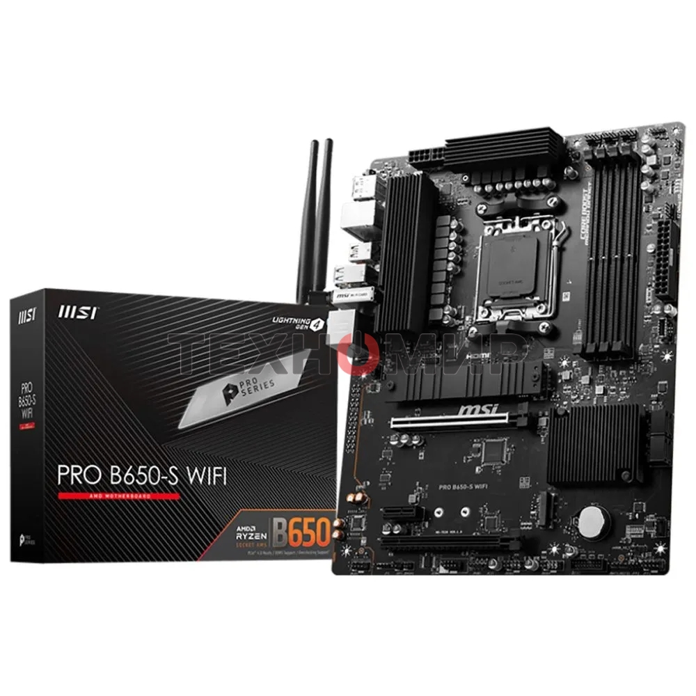 Материнская плата MSI PRO B650-S WIFI, AM5, AMD B650, 4xDDR5, 4xSATA, 2xM.2, 1xPCI-E 4.0 x16, 1xPCI-E 4.0 x4, 1xHDMI, 1xDP, 1x2.5Gb LAN, 3xUSB 3.2 Gen 1, 3xUSB 3.2 Gen 2, 6x3.5 мм, 7.1, Standard-ATX
