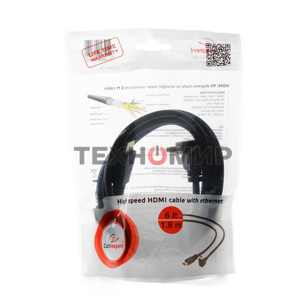 Кабель Cablexpert HDMI CC-HDMI490-6, 19M/19M, v2.0, медь, позол.разъемы, экран, угловой, 1.8м, черный, пакет