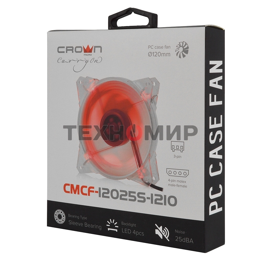 Вентилятор для корпуса Crown CMCF-12025S-1210 прозрачный/красный, 120 мм, 1650 об/мин, 28 дБ, 3 pin