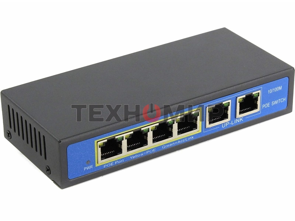 Коммутатор PoE 4 порта 10/100Mbps SWP-7504POE/2P 4xPoE+1xUplink RJ45, IEEE 802.3af, мощность 15.4 Вт на порт, БП 52В/1.25А, настенный крепеж в ком