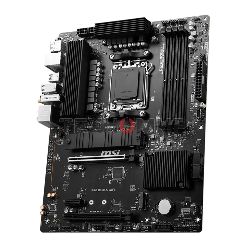 Материнская плата MSI PRO B650-S WIFI, AM5, AMD B650, 4xDDR5, 4xSATA, 2xM.2, 1xPCI-E 4.0 x16, 1xPCI-E 4.0 x4, 1xHDMI, 1xDP, 1x2.5Gb LAN, 3xUSB 3.2 Gen 1, 3xUSB 3.2 Gen 2, 6x3.5 мм, 7.1, Standard-ATX