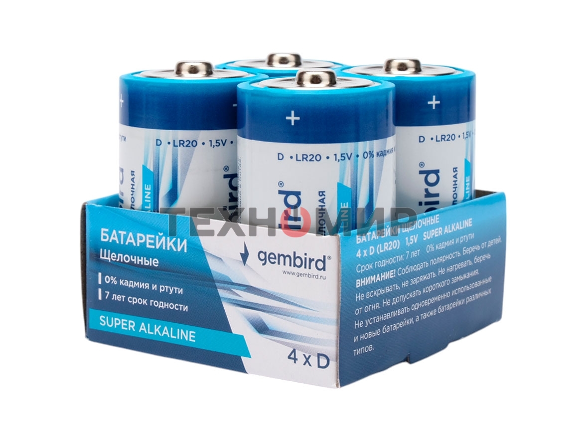 Батарейки щелочные/алкалиновые Gembird Gb-LR20-4B, тип D(LR20), 4шт, коробка