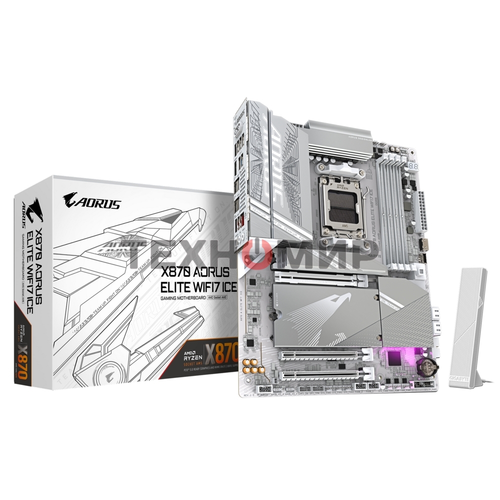 Материнская плата Gigabyte X870 AORUS ELITE WIFI7 ICE, AM5, AMD X870, 4xDDR5, 4xSATA, 4xM.2, 1xPCI-E 5.0 x16, 1xPCI-E 4.0 x4, 1xPCI-E 3.0 x2, 1xHDMI, 1x 2.5Gb LAN, 2xUSB-C 4.0, 2xUSB 3.2 Gen 2, 4xUSB 3.2 Gen 1, 4xUSB 2.0, 2x3.5 мм, 7.1, ATX