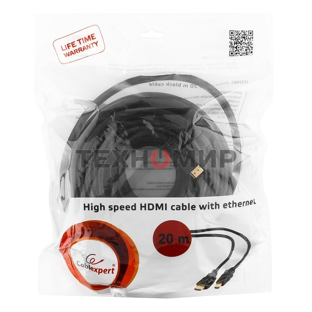 Кабель Cablexpert HDMI CC-HDMI4-20M, 19M/19M, v2.0, медь, позол.разъемы, экран, 20м, черный, пакет