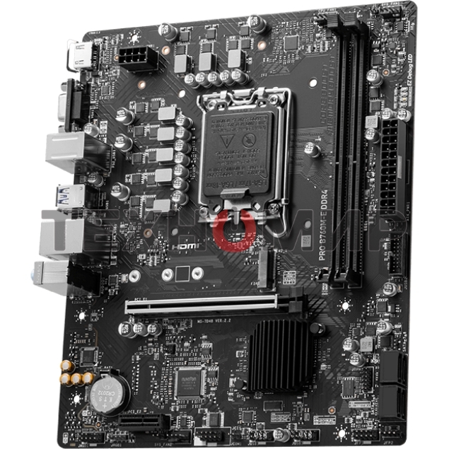 Материнская плата MSI PRO B760M-E DDR4, LGA 1700, Intel B760, 2xDDR4, 4xSATA, 1xM.2, 1xPCIe 4.0 x16, 1xPCIe 4.0 x1, 1xHDMI, 1xVGA, 1x1Gb LAN, 2xUSB-A 3.2 Gen 1, 4xUSB-A 2.0, 3x3.5 мм, 7.1, mATX