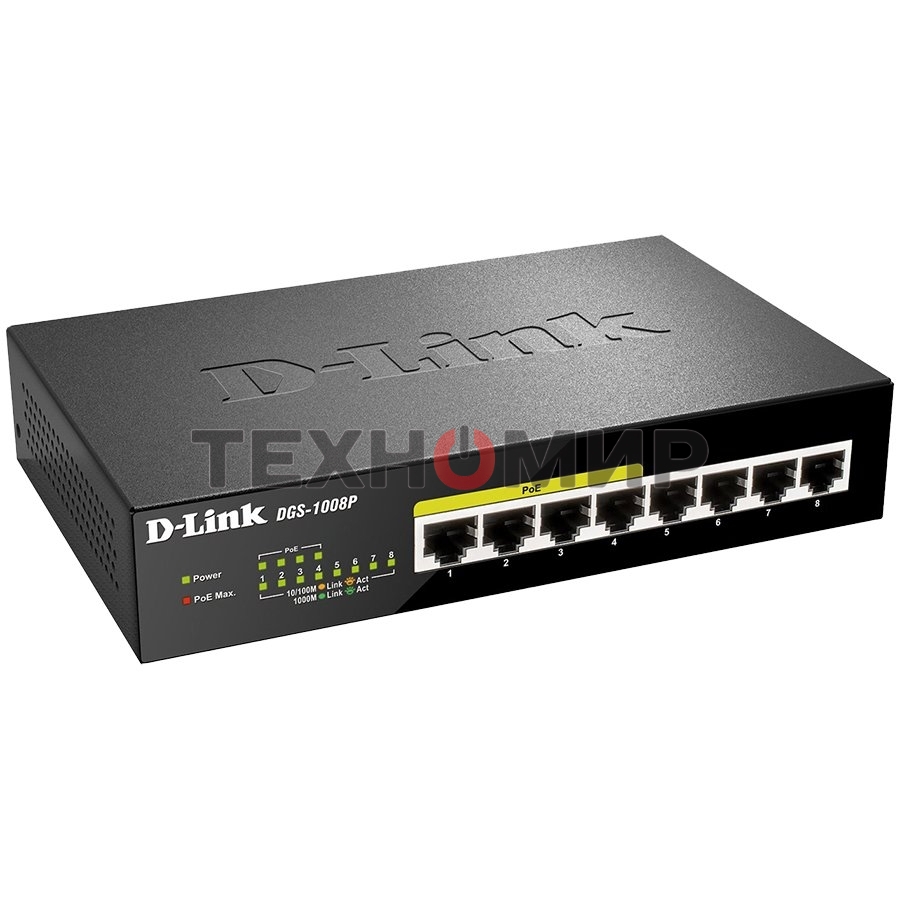 Коммутатор Unmanaged Switch with 8 10/100/1000Base-T ports (4 PoE ports 802.3af/802.3at (30 W), PoE Budget 68).8K Mac address, Auto-sensing, 802.3x Flow Control, Stand-alone, Auto MDI/MDI-X for each port, D-link Green technology, Metal case.Manual + Exter