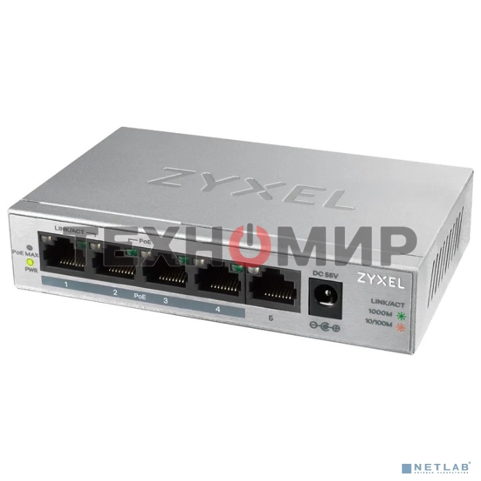 Коммутатор Zyxel GS1005HP Switch PoE +, 5xGE (4xPoE +), desktop, metal, silent, PoE budget 60 W
