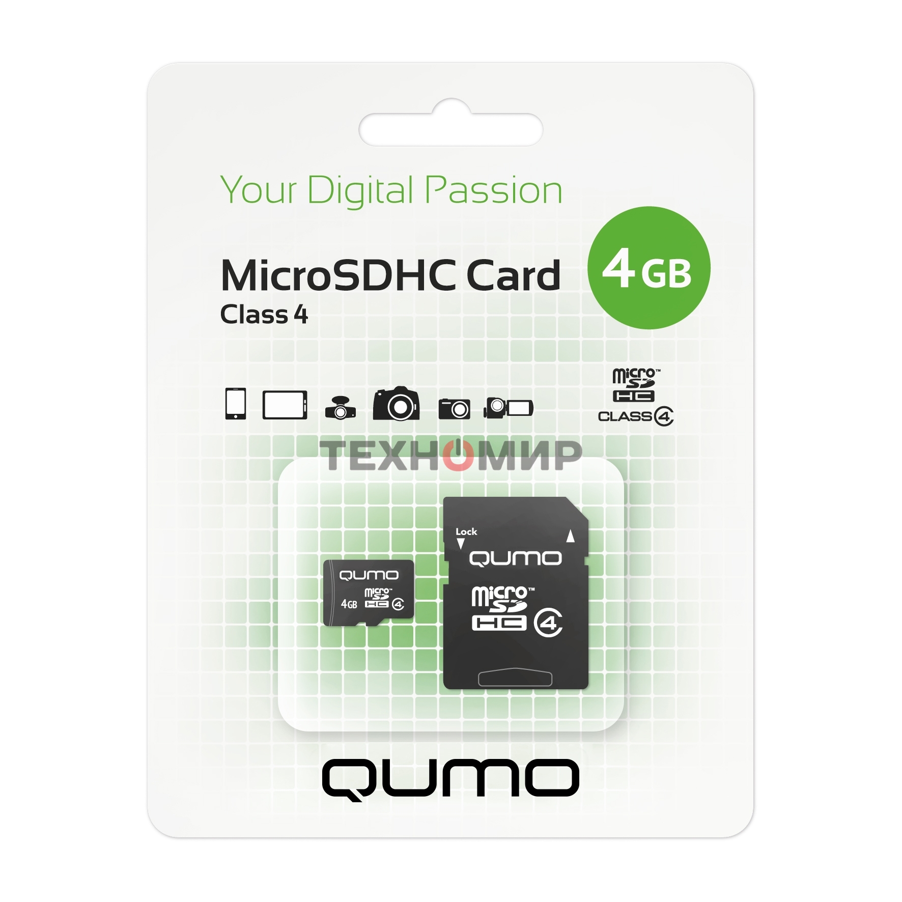 Флеш карта QUMO QM4GMICSDHC4 4Gb MicroSDHC Class 4, SD adapter