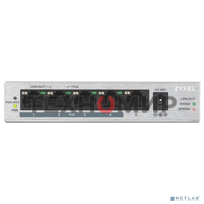 Коммутатор Zyxel GS1005HP Switch PoE +, 5xGE (4xPoE +), desktop, metal, silent, PoE budget 60 W