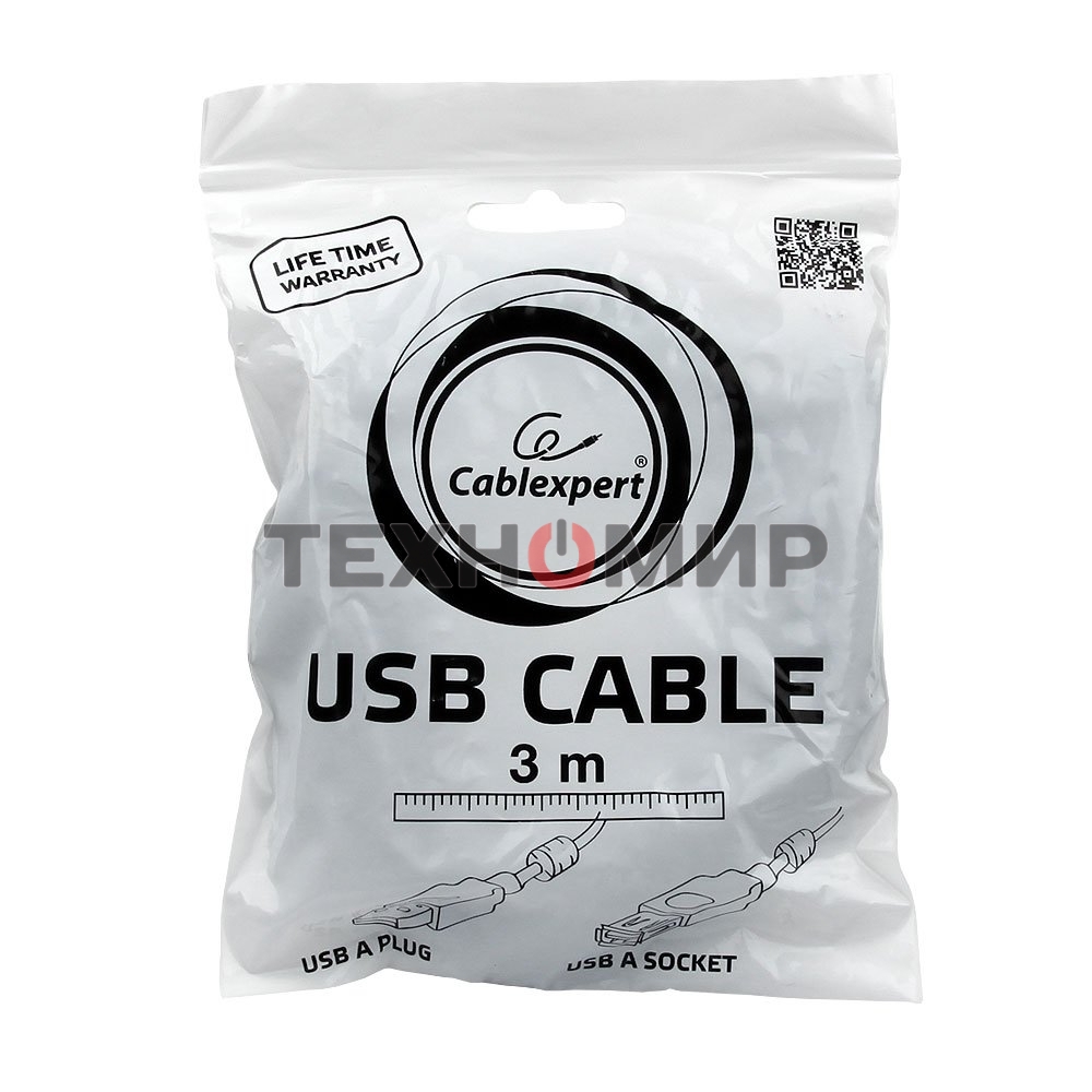 Кабель Gembird/Cablexpert USB 2.0 Pro AM/AF, 3м, экран, 2феррит.кольца, черный, пакет