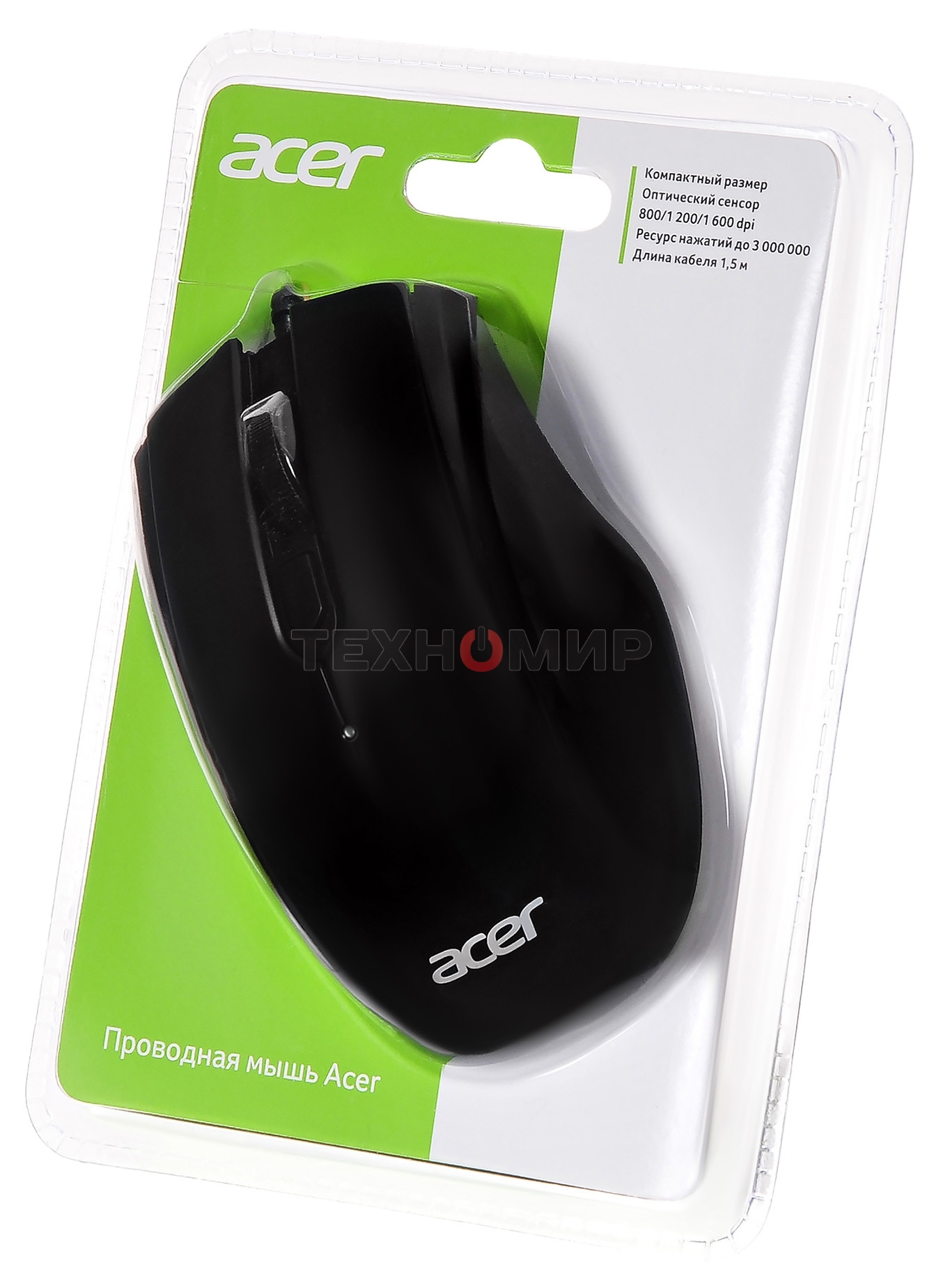 Мышь проводная Acer OMW020 черный, 1600 dpi, USB, кнопки - 4