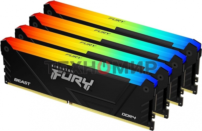 Оперативная память Kingston Fury Beast, DDR4, 128GB (4x32GB), 3600MHz, CL18, DIMM, RGB, радиатор, черный