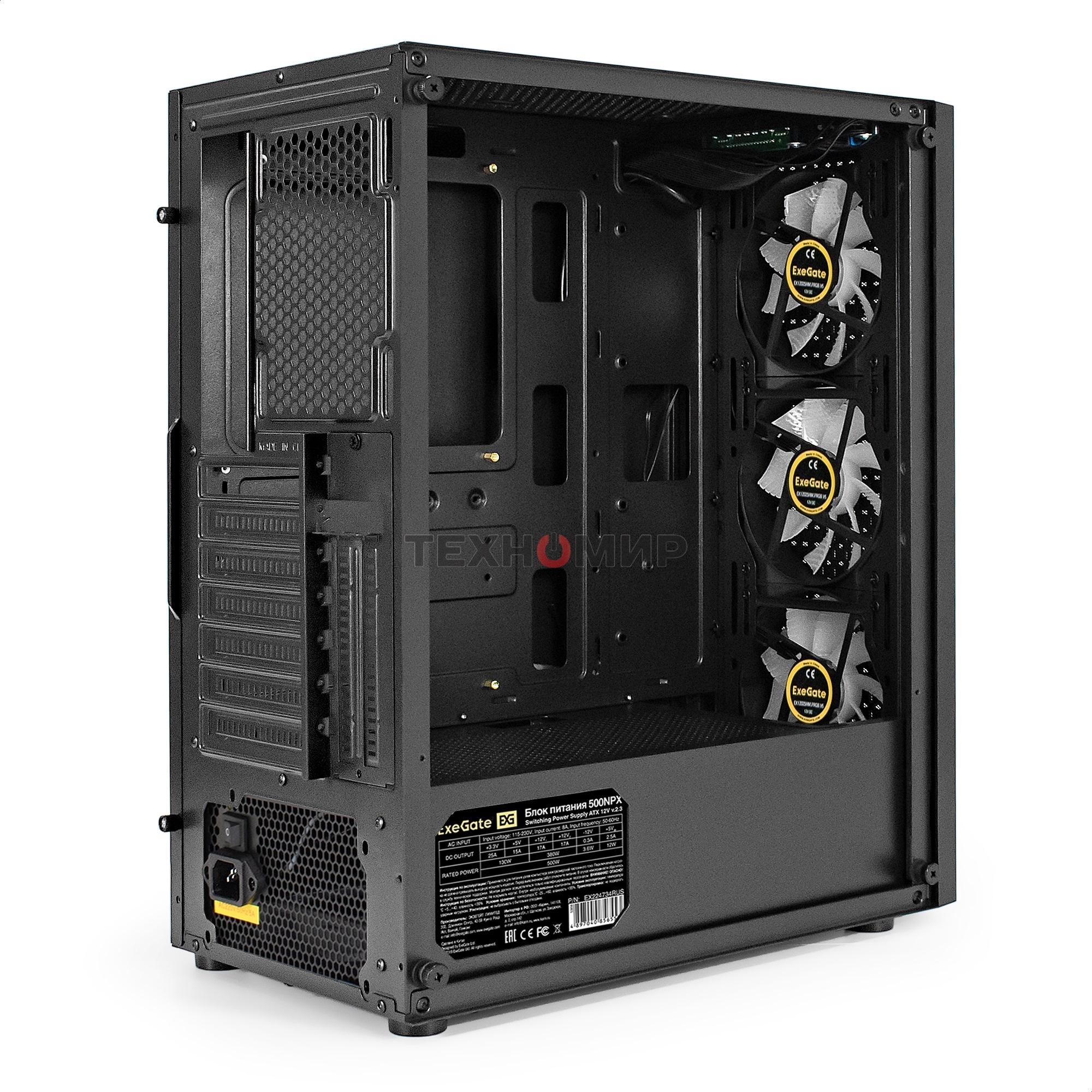 Компьютерный корпус Miditower ExeGate EVO-8227-NPX500 (ATX, БП 500NPX с вент. 12см, 2*USB+1*USB 3.0+HD Audio, черный, 3 вент. RGb, закаленное стекло)