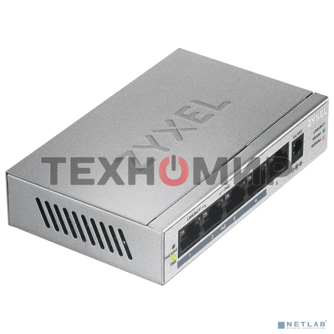 Коммутатор Zyxel GS1005HP Switch PoE +, 5xGE (4xPoE +), desktop, metal, silent, PoE budget 60 W