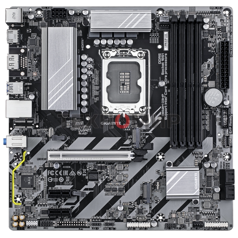 Материнская плата Gigabyte B860M D3HP, LGA 1851, Intel B860, 4xDDR5, 4xSATA, 2xM.2, 1xPCIe 5.0 x16, 2xPCIe x1, 1xHDMI, 1xDP, 1x 1Gb LAN, 3xUSB-A 3.2 Gen 1, 3xUSB-A 2.0, 1xUSB-C 3.2 Gen 1, 3x3.5 мм, 7.1, mATX