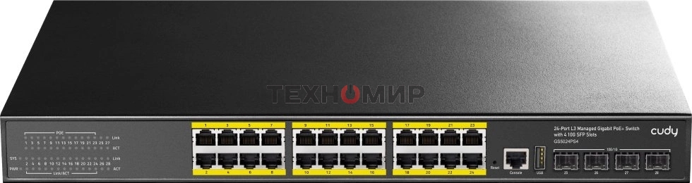 Коммутатор Cudy GS5024PS4 (L3) 24x1Gbит/с 4SFP+ 24PoE+ 400W управляемый
