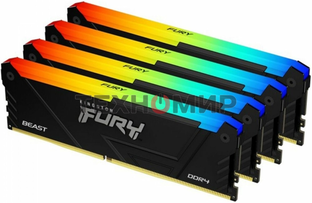 Оперативная память Kingston Fury Beast, DDR4, 64GB (4x16GB), 3200MHz, CL16, DIMM, с радиатором, RGB, черный