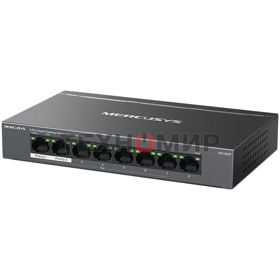 Коммутатор настольный Mercusys MS108GP с 8 гигабитными портами (7 портов PoE+)