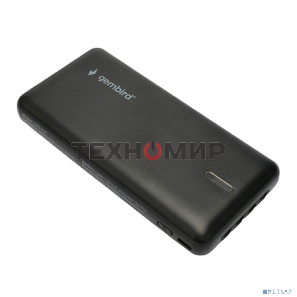 Портативный аккумулятор Gembird GPB-10C, 10000мА·ч, 2A, 4 встроенных кабеля, черный