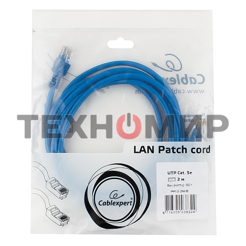 Патч-корд UTP Cablexpert cat.5e, 2м, литой, многожильный, синий