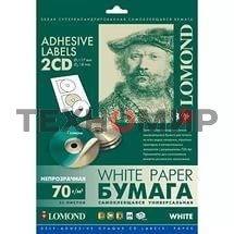 Самоклеящаяся бумага Lomond универсальная для этикеток, A4, 2 шт для CD/DVD (D117/D18мм), 70 г/м2, 25 листов