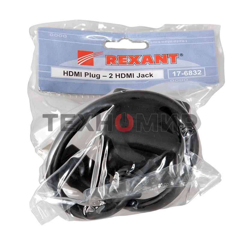 Переходник Rexant штекер HDMI - 2 гнезда HDMI с проводом, черный (10 шт./уп.)