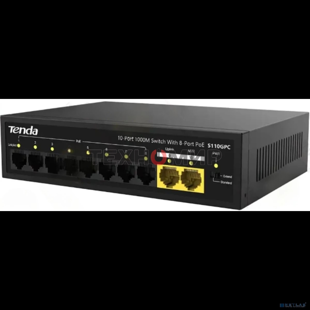 Коммутатор неуправляемый Tenda S110GPC PoE, 10 портов, 8x100 Мбит/с, 2х1 Гбит/с, PoE 8х30 Вт (до 80 Вт), настольный