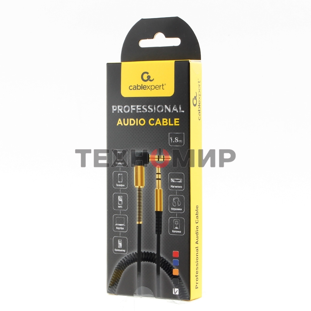 Кабель Cablexpert аудио 90˚ спиральный CCAB-02-35MMLC-1.8MU. 3.5 Jack (M)/3.5 Jack (M), синий, 1.8м, блистер