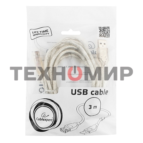 Кабель Cablexpert USB2.0 Pro, AM/AF, 3м, экран, 2 феррит.кольца, прозрачный (CCF-USB2-AMAF-TR-10)