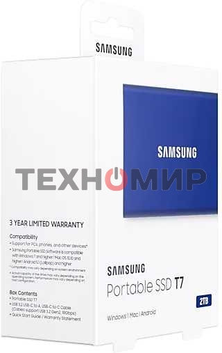 Внешний SSD Samsung T7, 2TB, USB 3.2 Gen 2 Type-C, R/W 1050/1000, синий