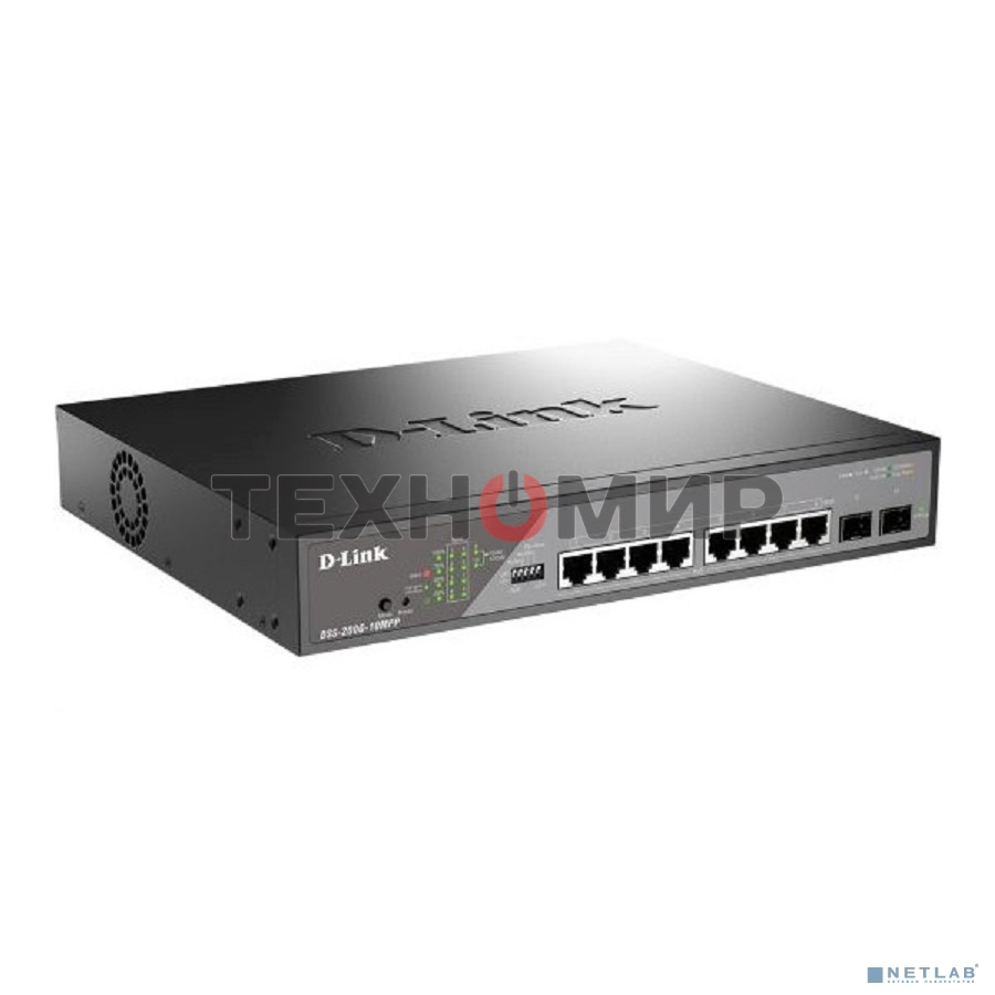 Коммутатор сетевой Smart L2 Surveillance Switch 8х1000Base-T PoE 802.3bt 90W, 2x1000Base-X SFP, PoE Budget 242W, Long-range PoE up to 250m