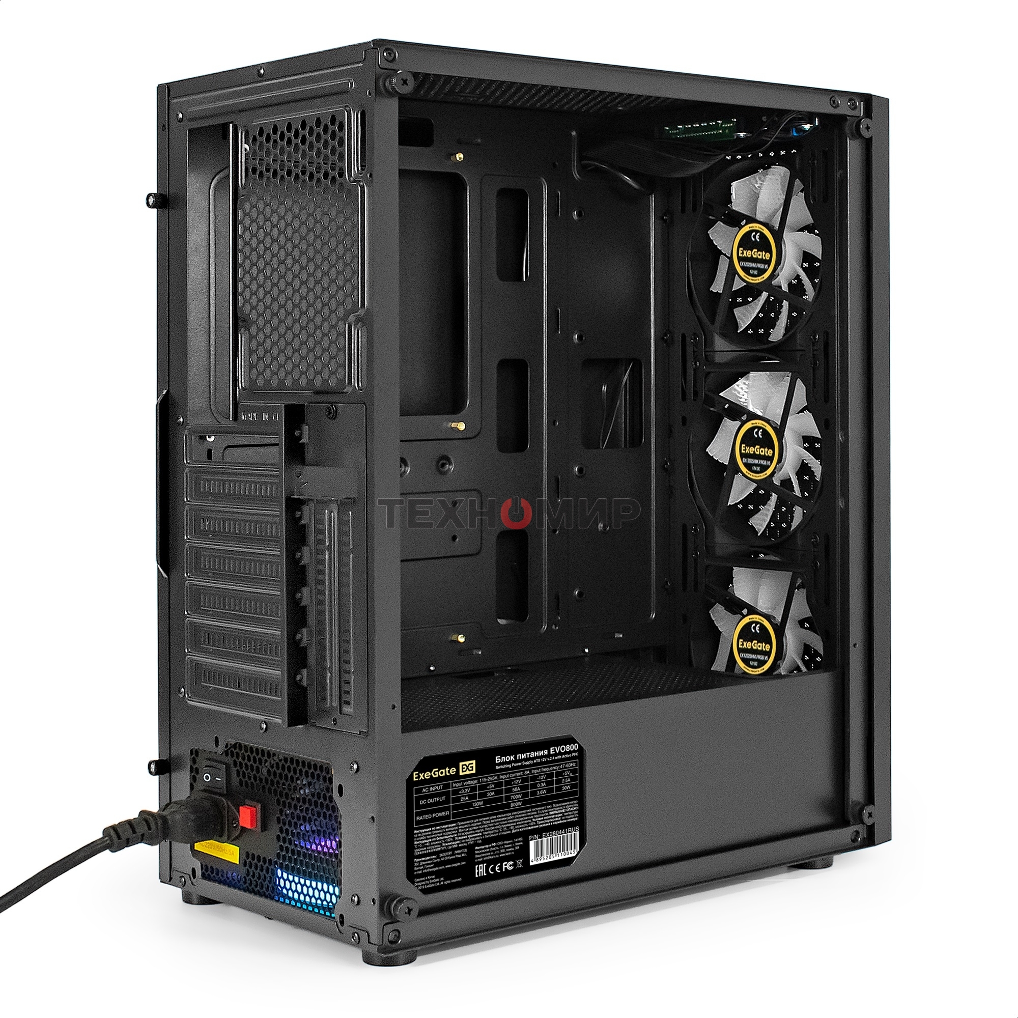 Компьютерный корпус Miditower ExeGate EVO-8227-EVO800 (ATX, БП EVO800RGb с вент. 12 см, 2*USB+1*USB 3.0+HD Audio, черный, 3 вент. RGb, закаленное стекло)