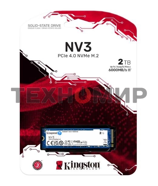 Накопитель SSD Kingston NV3, 2000Gb, M.2 2280, PCIe 4.0 x4, NVMe, R/W 6000/5000
