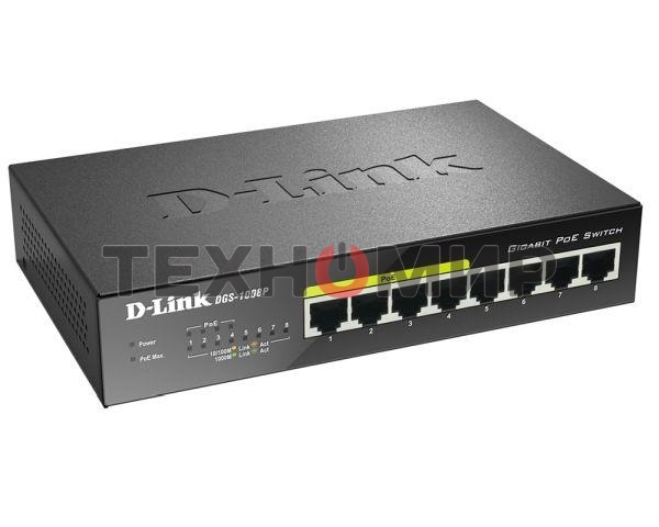 Коммутатор Unmanaged Switch with 8 10/100/1000Base-T ports (4 PoE ports 802.3af/802.3at (30 W), PoE Budget 68).8K Mac address, Auto-sensing, 802.3x Flow Control, Stand-alone, Auto MDI/MDI-X for each port, D-link Green technology, Metal case.Manual + Exter